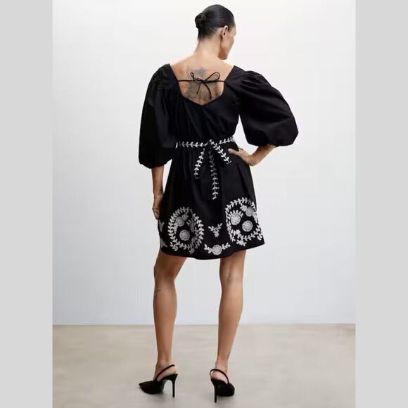 🖤 MANGO Puff Sleeve Mini Dress NWT | Embroidered Cotton Bow Back 6 - Picture 9 of 14